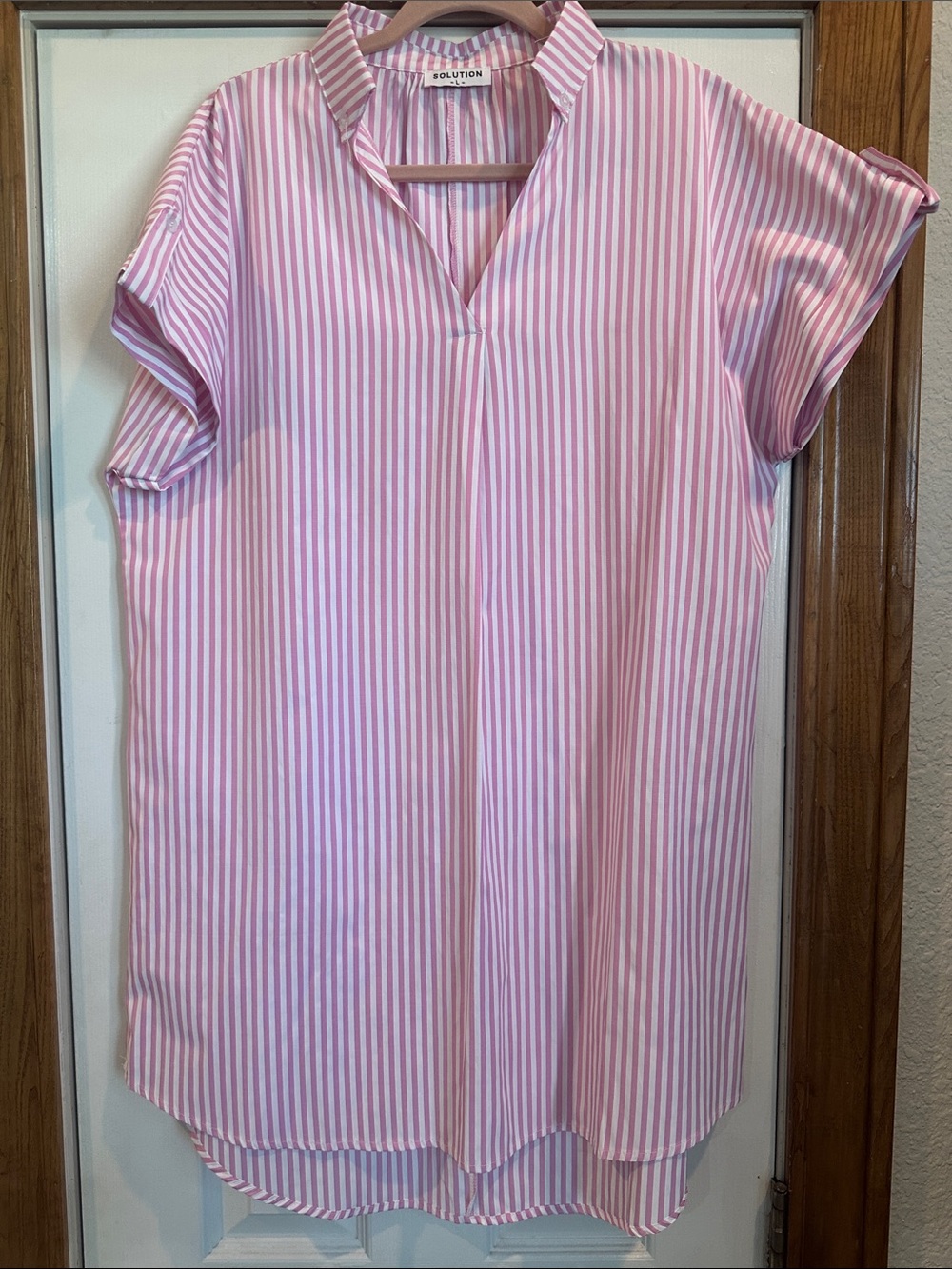 Pink Striped V-Neck Shirt Dress